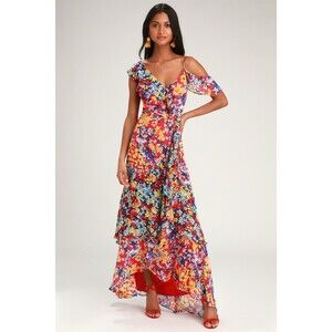 Lulus Dress Womens M Red Floral Maxi Hi-Low Ruffle Hem V-Neck Wrap